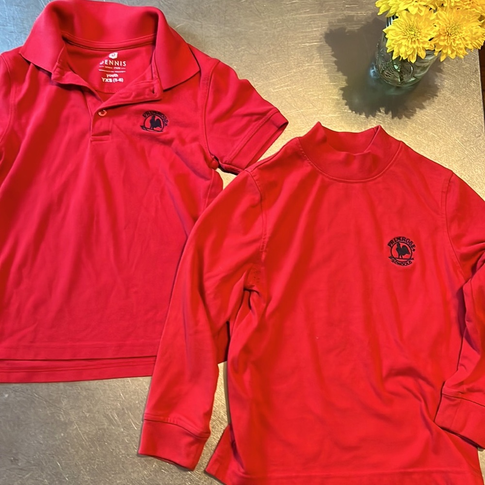 Primrose Set: 1 red polo and 1 red mock turtle. Unisex youth YXS (5-6)